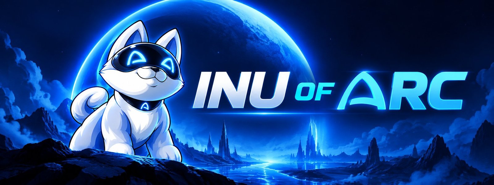 Inu of Arc banner: the mascot on a ridge under a blue planet